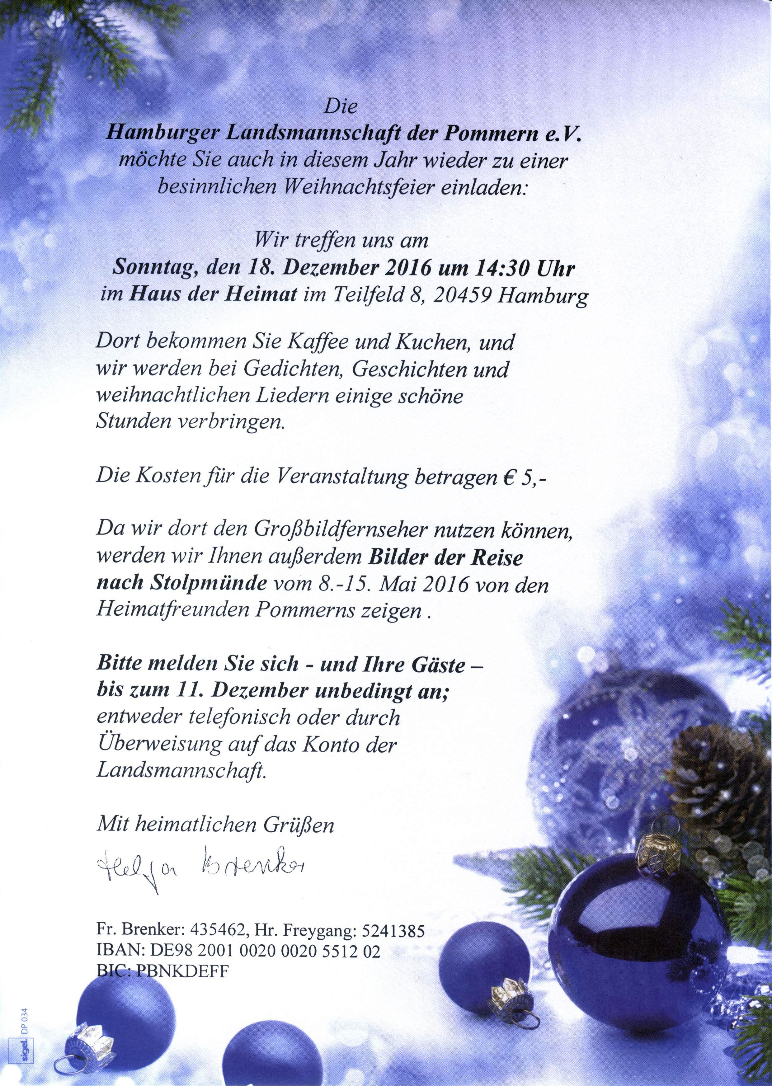 Einladung zur Weihnachtsfeier der PLM am 18.12.2016
